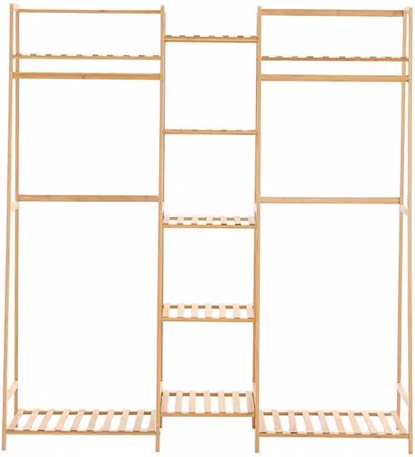 ERGOVEXA Natural Bamboo Clothes Rail Rack and Open Wardrobe Shelf with Continuous Linear Rail