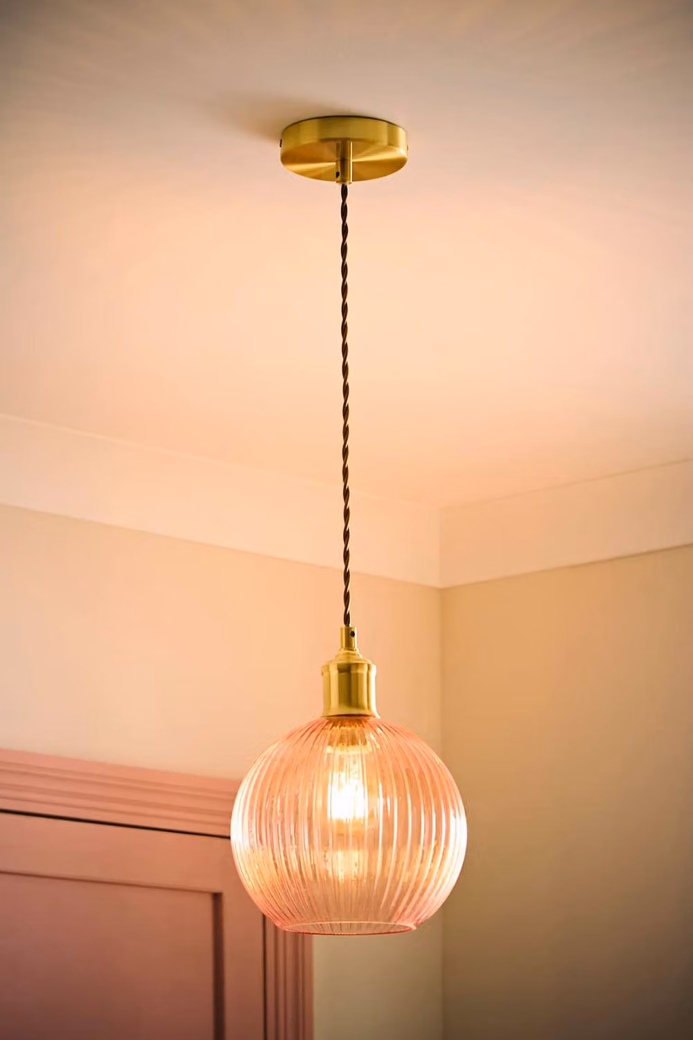 ValueLights Maddison Pink Ribbed Glass Globe Gold Ceiling Pendant Light with Bulb – 2