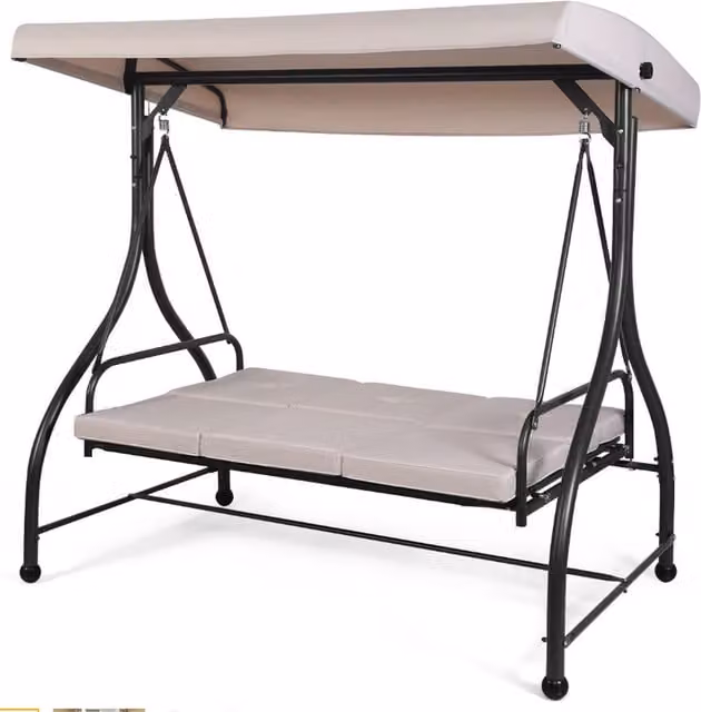 COSTWAY Modern 3 Seater Garden Swing Chair with Sun Canopy in Brown