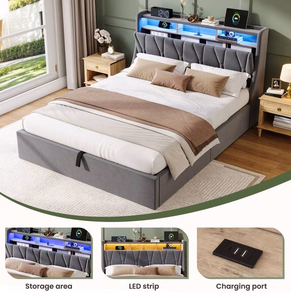 STILVORA Double Ottoman Bed in Grey Velvet with LED Lighting and USB Charging Ports, W/D/H: 140 x 200 cm – 4
