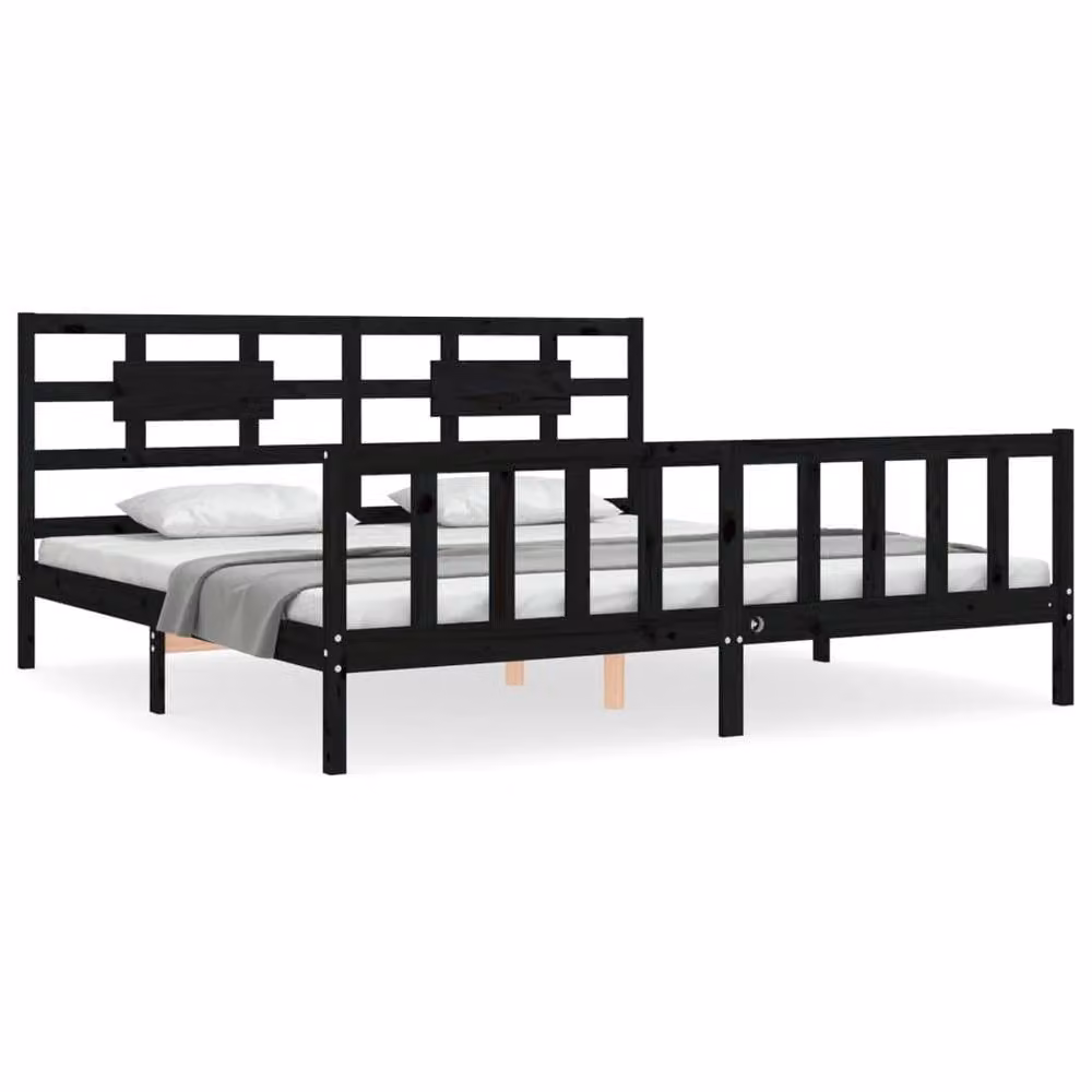 Berkfield Home Beautiful Bed Frame with Headboard in Black Solid Pine Wood, W/D/H: 200 x 200 x 205.5 cm – 3
