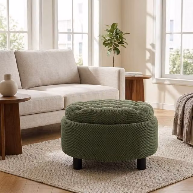STILVORA Green Upholstered Storage Ottoman with Wooden Tray