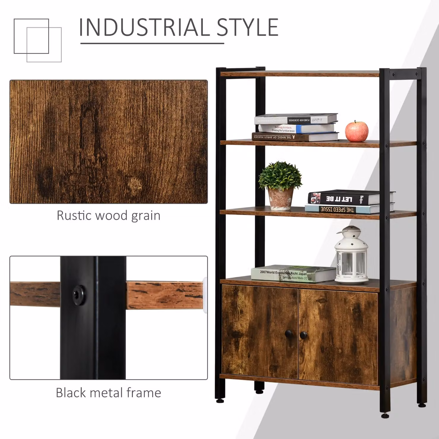 HOMCOM Multifunctional Industrial Bookshelf and Storage Cabinet in Brown – 4