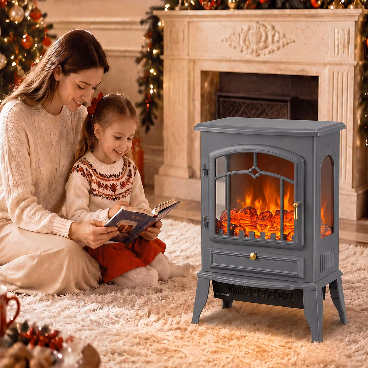 HOMCOM Electric Fireplace Stove, 1000/2000W 3-Sided Freestanding Fireplace Heater with 3D Flame Log and Thermostat, Grey – 5