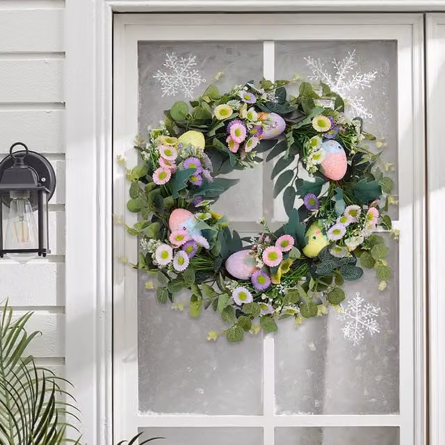 Livingandhome Round Floral Easter Wreath with Eucalyptus Leaves in Green, Yellow and Multicolour