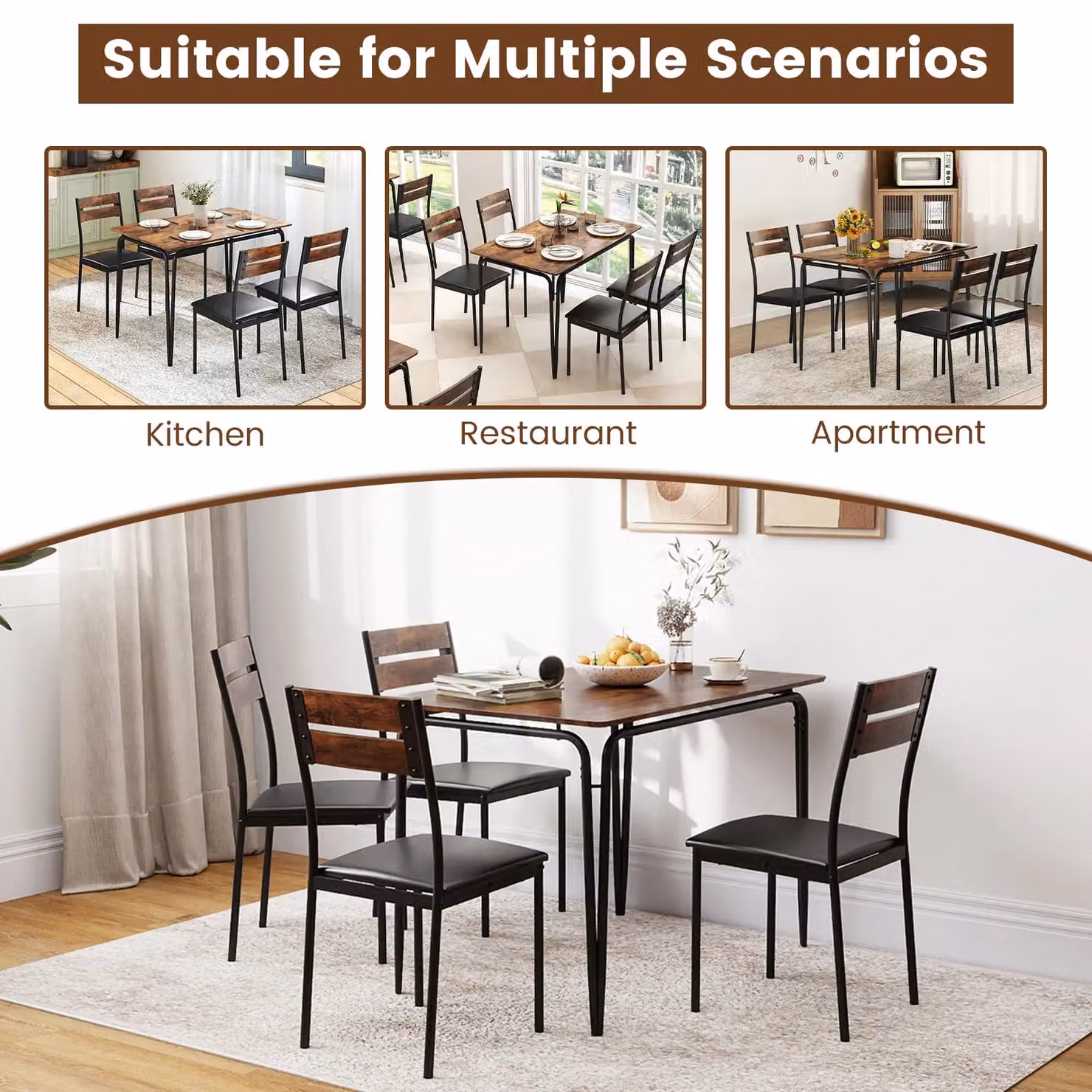 Costway 5-Piece Rectangular Dining Table and 4 Armless Chairs Set in Brown – 7