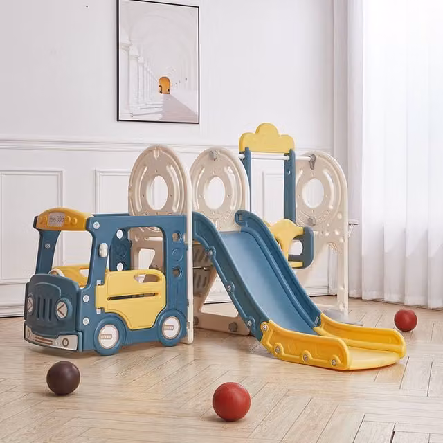 Livingandhome 3 in 1 Smiling Bus Toddler Climber Slide and Swing Set in Blue and Yellow