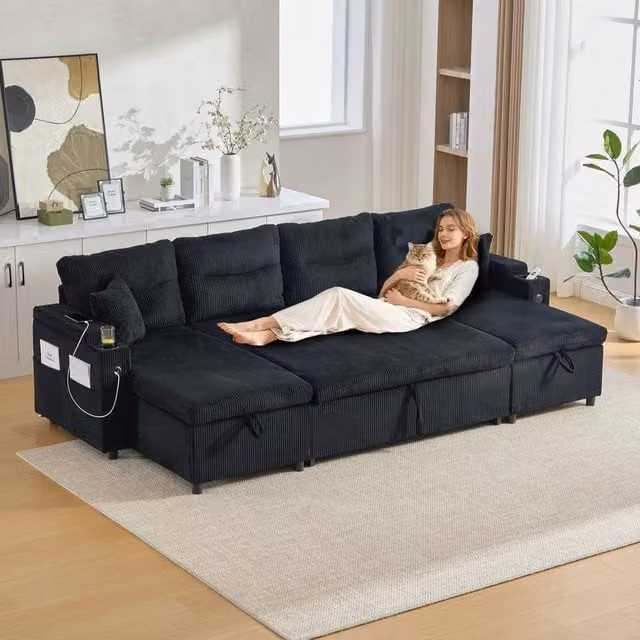 Matteo Contemporary Corduroy 4-Seater U-Shape Sofa in Black with Sleeping Function, USB Charging, Cup Holders and Pull Out Drawer