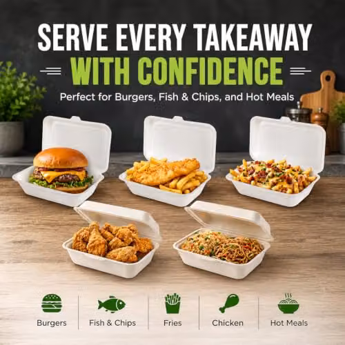 ECONX White Bagasse Clamshell Takeaway Food Containers, 100 Pieces, W: 17.78 cm x D: 12.7 cm x H: 6.5 cm – 4