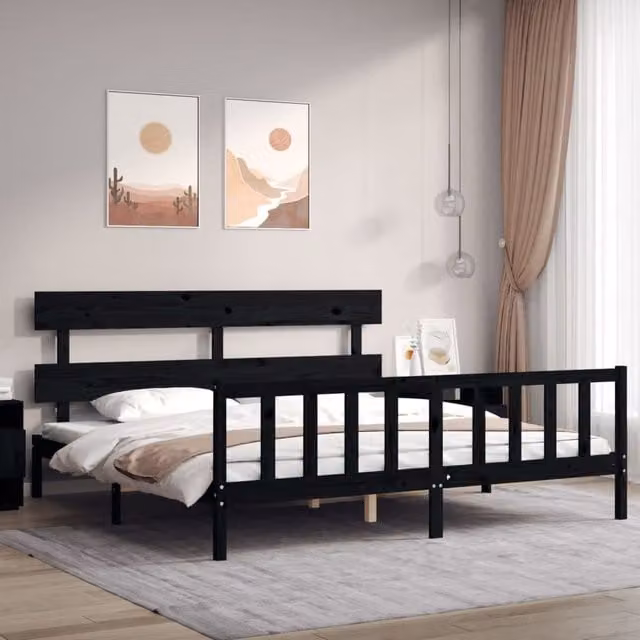 Berkfield Home Solid Wood Bed Frame with Headboard in Black, 200 x 200 cm