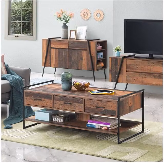 Timber Art Design Abbey Coffee Table with 3 Drawers in Brown Rustic Industrial Oak Effect
