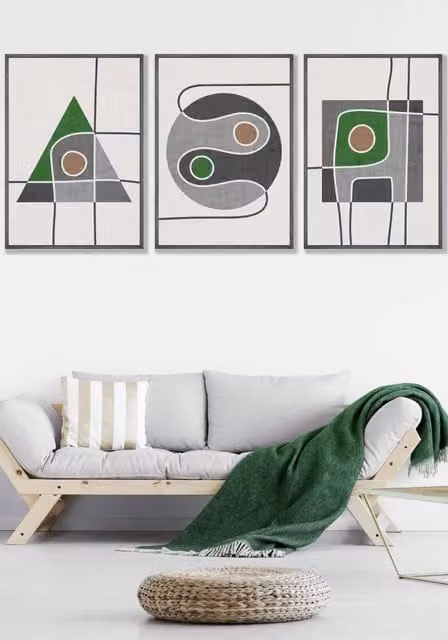 ARTZE Set of 3 Mid Century Abstract Geometric Wall Art in Grey, Green and Black, W: 33 cm, H: 45 cm, D: 2 cm