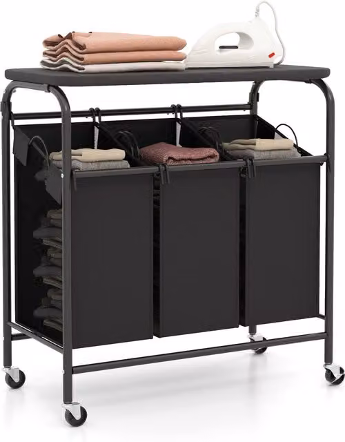 Costway 3-Bag Laundry Sorter Cart with Removable Fabric Bags and Wheels, Black