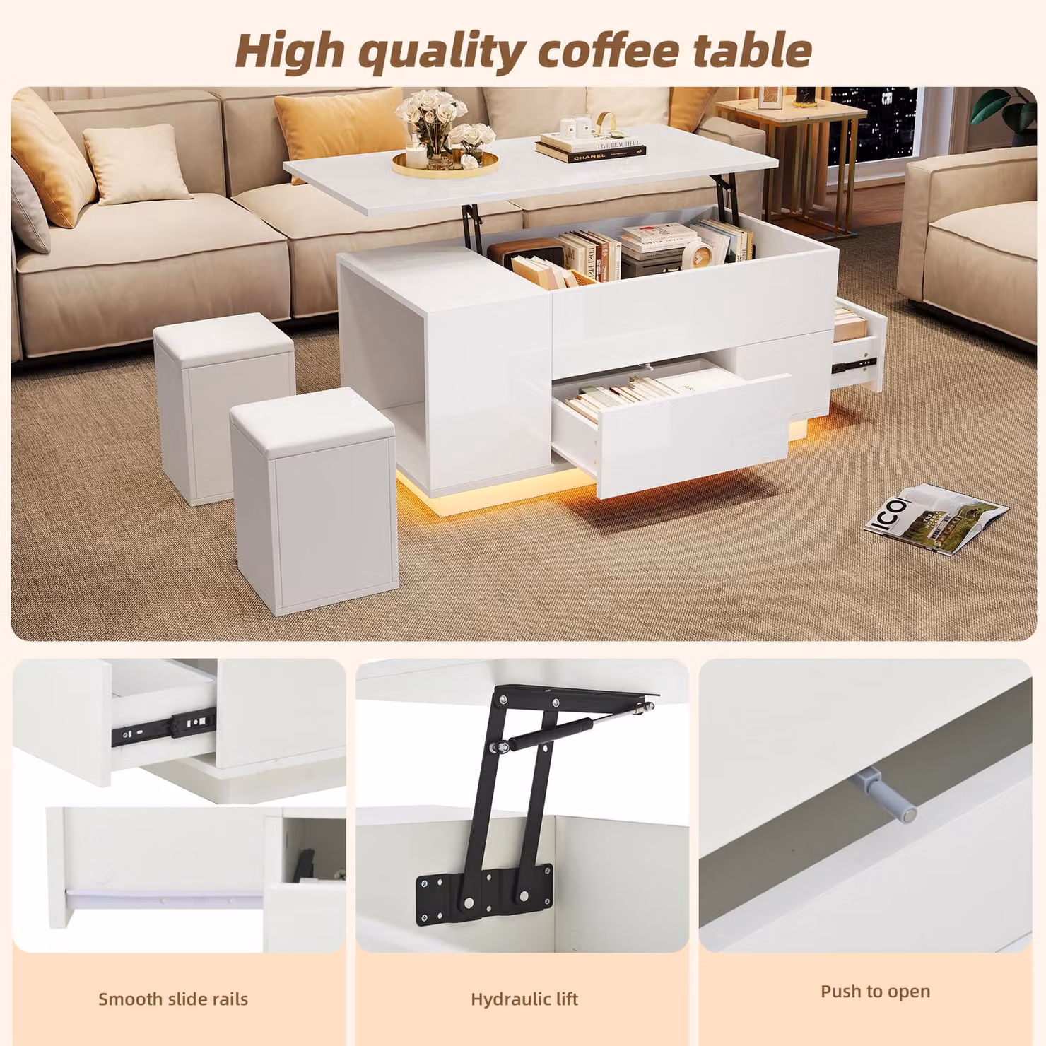 Aosom UK White Lift-Top Coffee Table with App-Controlled LED and 2 Storage Ottomans, W: 100 cm, D: 50 cm, H: 45 cm – 4