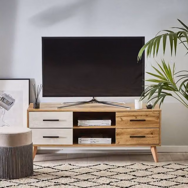 Wyld and Coco Rustic 55-inch TV Stand in Light Brown with White Drawers – 1