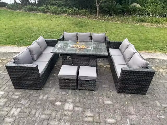 Fimous 11 Seater Rattan Garden Furniture Set with Gas Firepit, Dining Table and Stools in Dark Grey