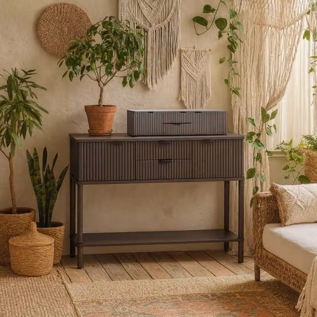 Wyld Haus Sagevale Brown Ribbed Wood Console Table with 2 Doors and 2 Drawers