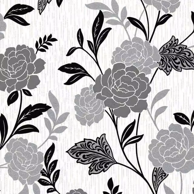 Arthouse Carla Floral Botanical Modern Textured Vinyl Wallpaper in Grey, Black, White and Silver