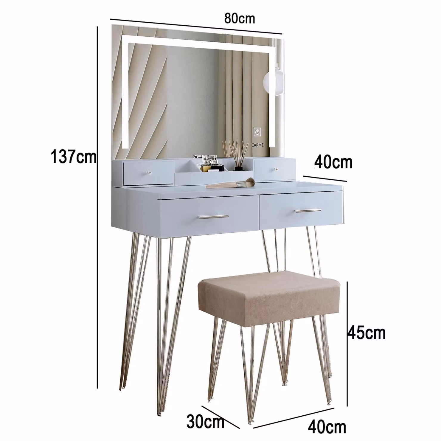 CARME HOME Sophia White Dressing Table with Touch Sensor LED Mirror in Grey – 2
