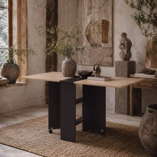 Wyld Haus Toelka Drop Leaf Dining Table in Oak and Black with Castors, W/D/H: 117 x 75 x 75 cm