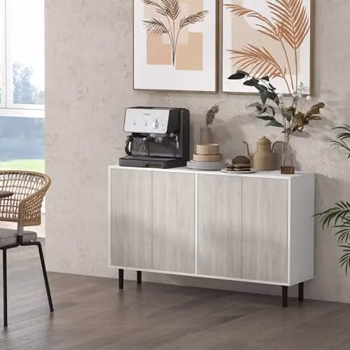 HOMCOM Modern White and Grey Kitchen Sideboard Storage Cabinet with 4 Doors, Adjustable Shelves and Pine Wood Legs, W/D/H: 121 x 37 x 75 cm – 2