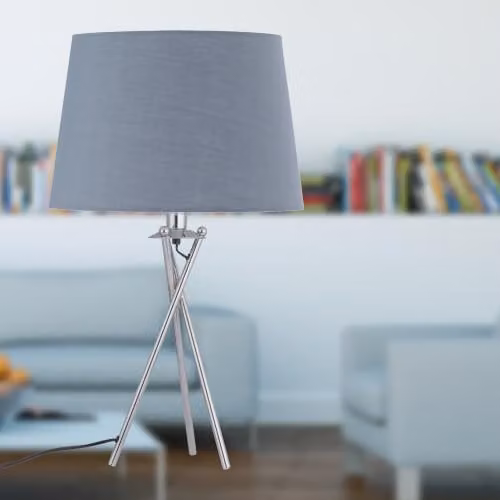 First Choice Lighting Set of 2 Silver Chrome Tripod Table Lamps with Grey Fabric Shades – 3