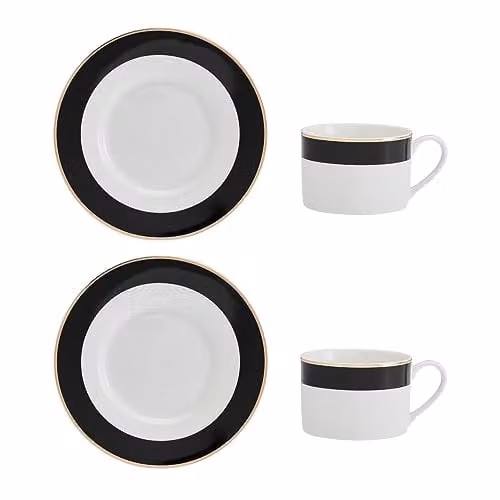 Mikasa Luxe Deco Geometric Bone China Tea Cup and Saucer Set of 2, White and Gold, 200ml – 1
