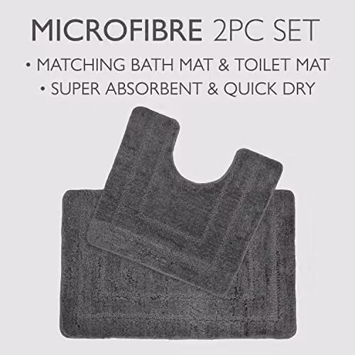 Allure Bath Fashions 2 Piece Non-Slip Microfibre Bath and WC Pedestal Mat Set in Grey – 2