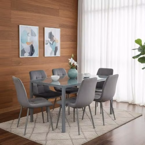 Kosy Koala Modern Grey Glass Rectangular Dining Table with 6 Grey Velvet Chairs – 2
