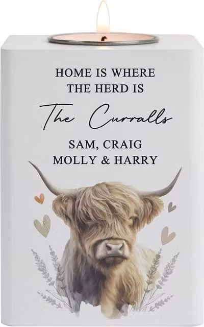 Personalised Memento Company Personalised Highland Cow Wooden Tealight Holder in White – 1