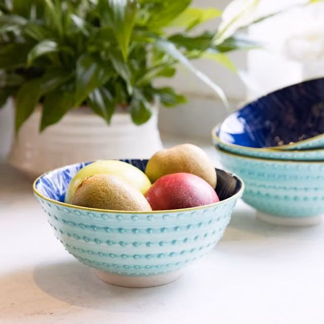 KitchenCraft Set of 4 Blue Geometric Ceramic Stoneware Bowls