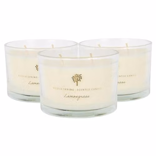 Nicola Spring Lemongrass Scented Soy Wax Table Candles, Pack of 3, Transparent Glass Jars