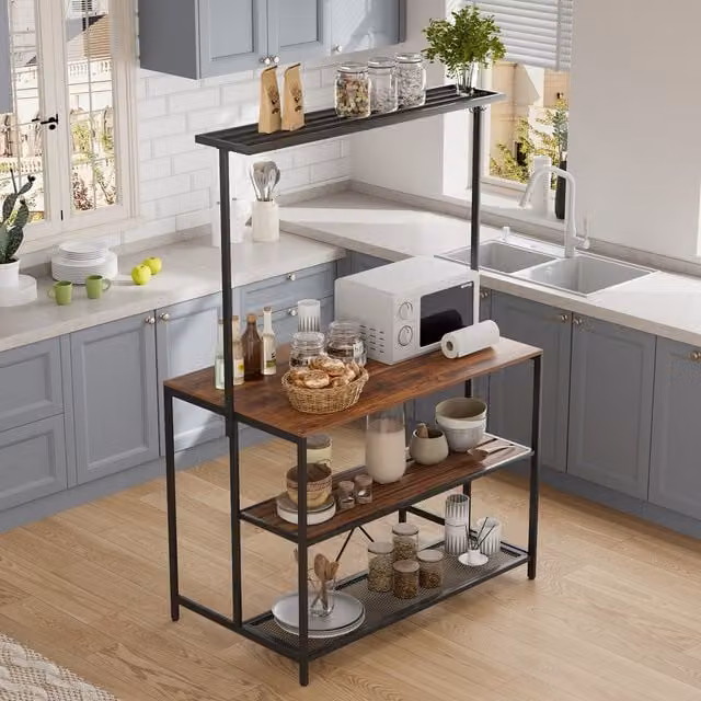 Livingandhome Industrial Kitchen Island with Shelves and Hanging Rail in Brown