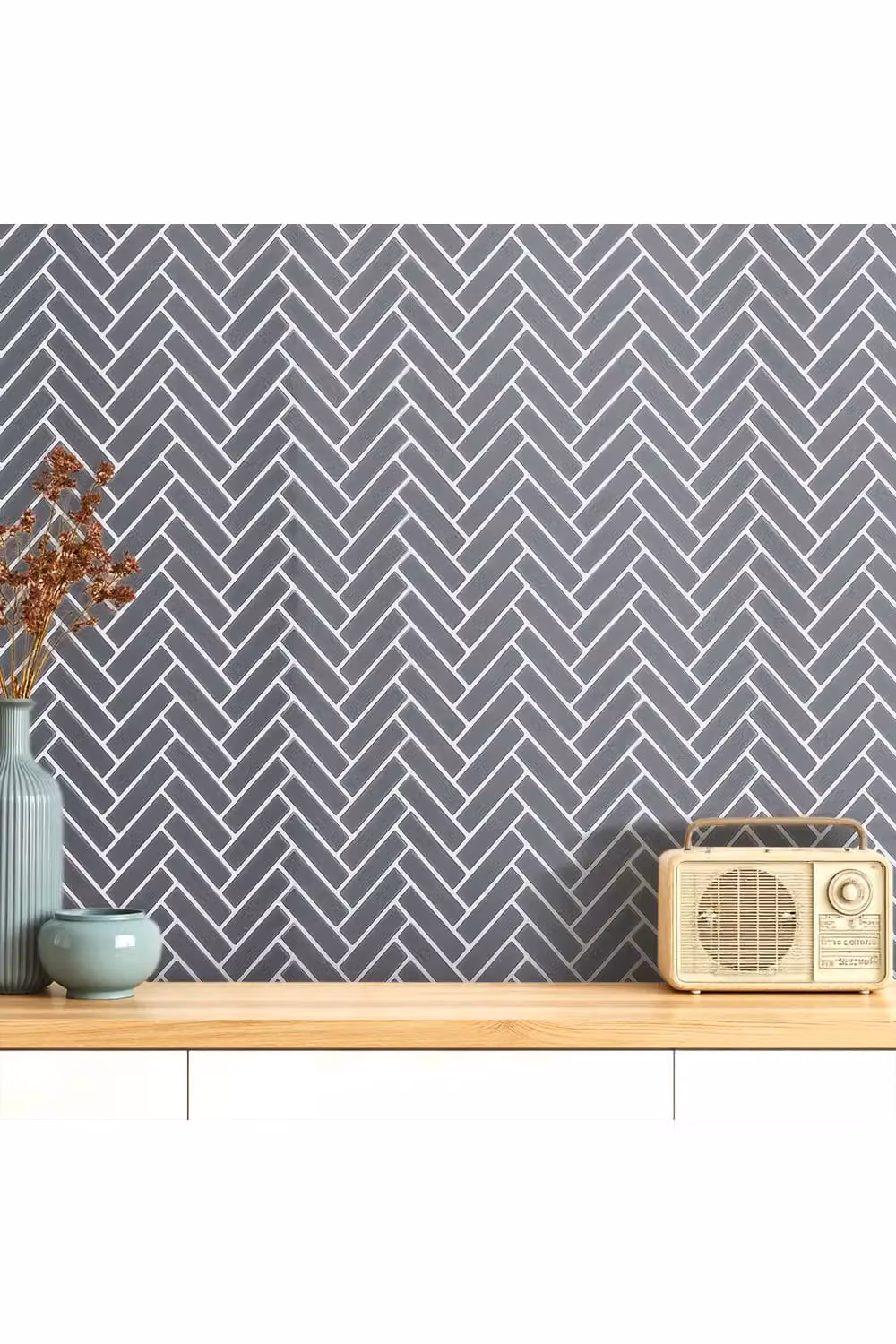 Living and Home 10-Piece Self-Adhesive 3D Herringbone Tile Look Wall Stickers in Grey – 2