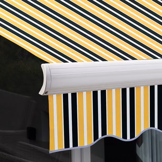 Primrose Full Cassette Electric Patio Awning with 3.5m Canopy in Yellow and Grey Stripe