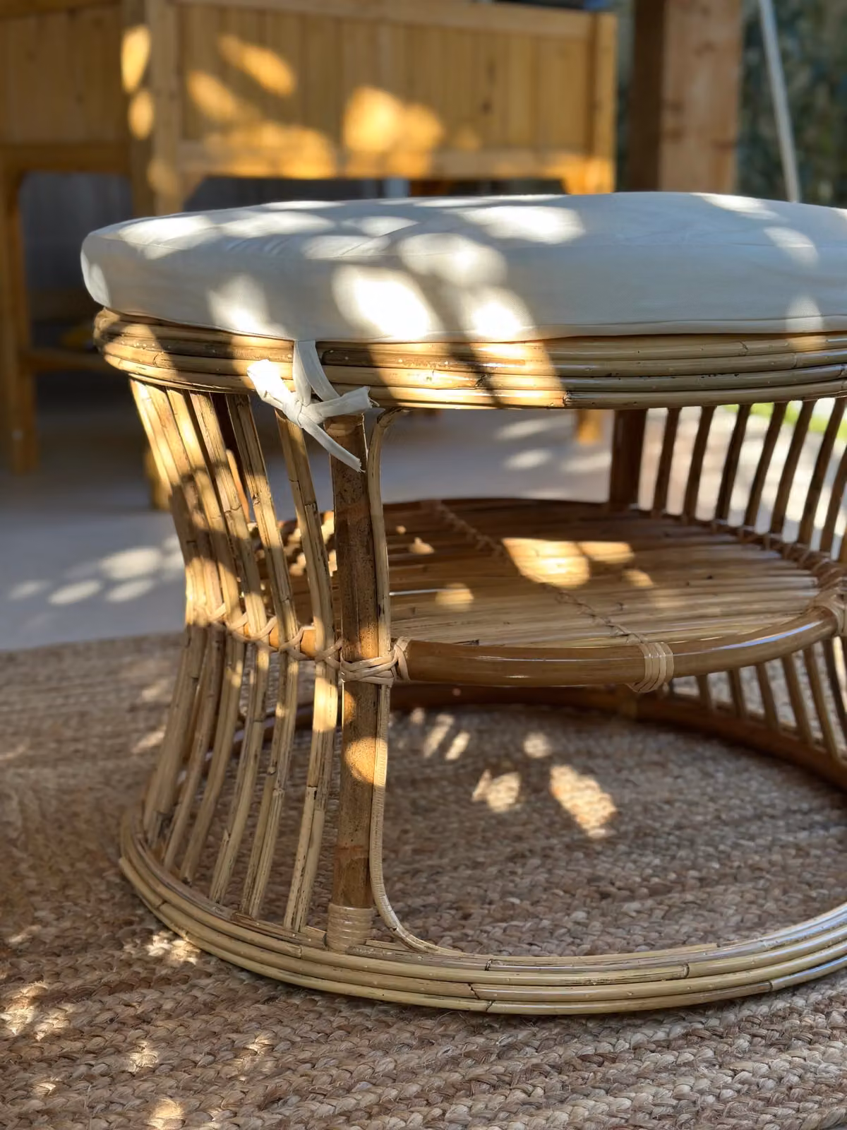 SERAM Nordlys Beige Wicker and Fabric Cylindrical End Table Pouf with Removable Cover – 4