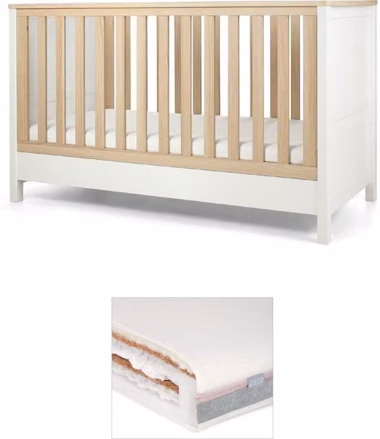 Mamas & Papas Harwell Cotbed and Luxury Hybrid Twin Mattress Bundle, White, W/D/H: 140 x 70 cm