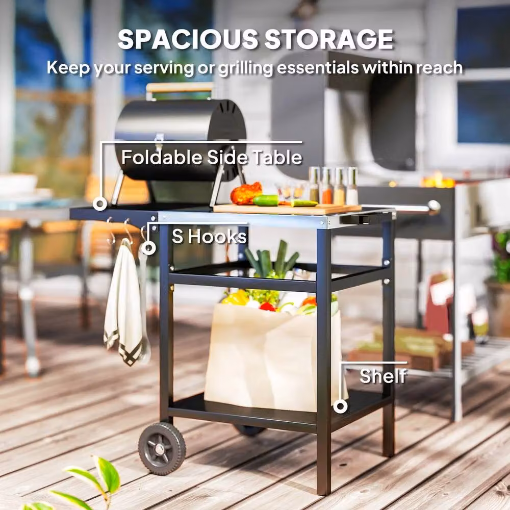 FORGEVIO Black Charcoal BBQ Trolley with Foldable Side Table and Stainless Steel Accents – 3