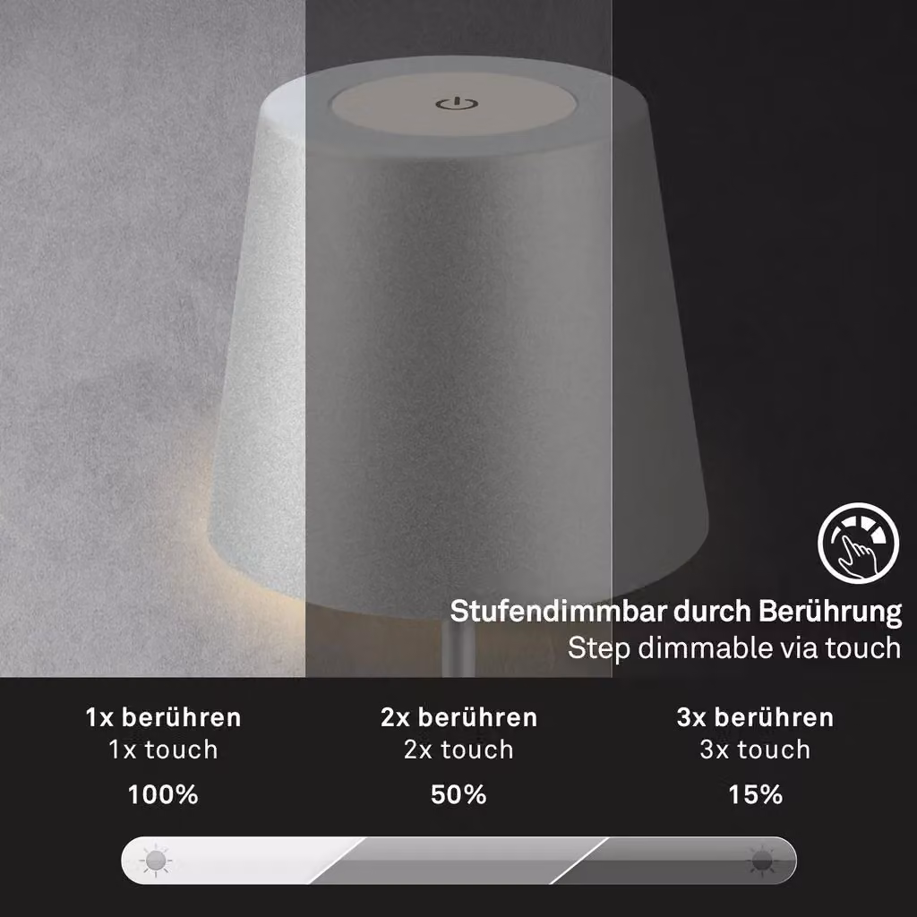 Briloner Rechargeable LED Table Lamp, Matt Chrome and Silver, IP44 Dimmable Warm White Light – 4