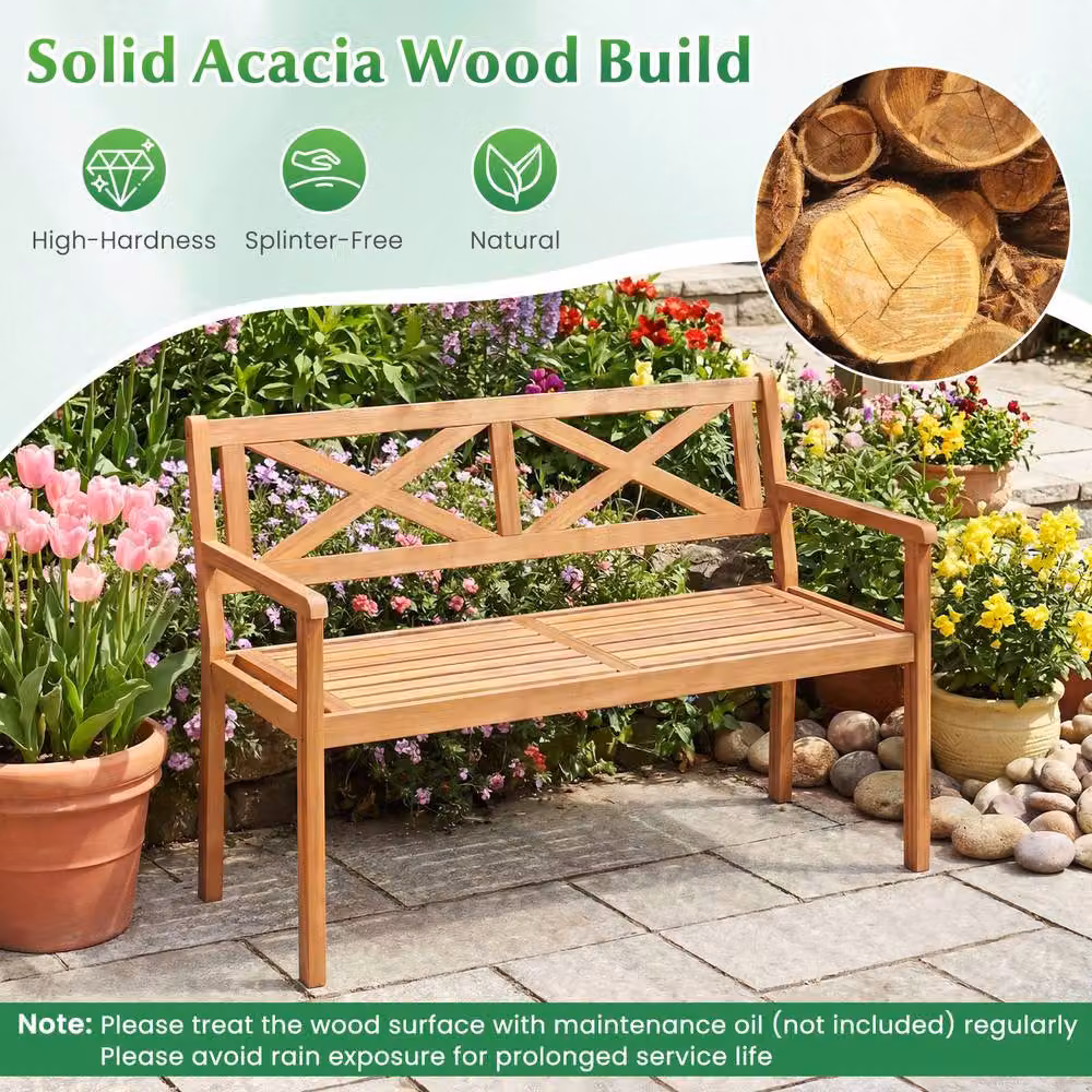 Costway Acacia Wood Outdoor Loveseat Bench for 2 People in Brown – 4