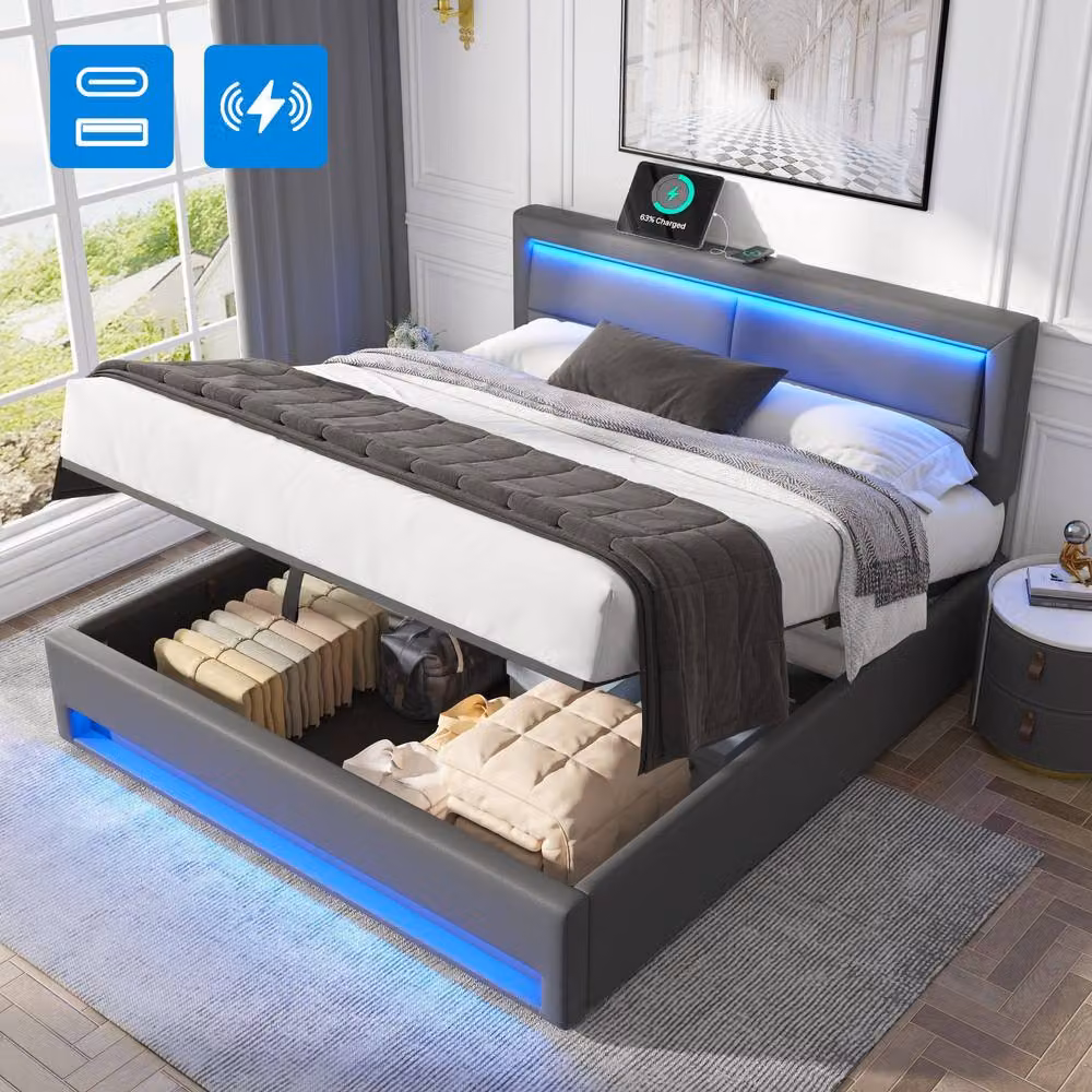 ModernLuxe Upholstered Super King Bed in Grey with Hydraulic Storage, LED Lighting and USB Charging Ports, W/D/H: 180 x 200 cm – 2