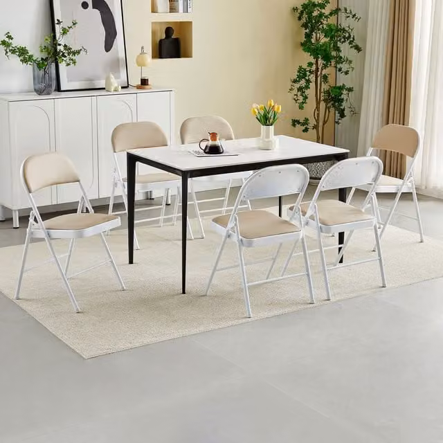 MCC Direct Set of 6 Modern Folding Dining Chairs with Metal Frame and Padded Beige Seats