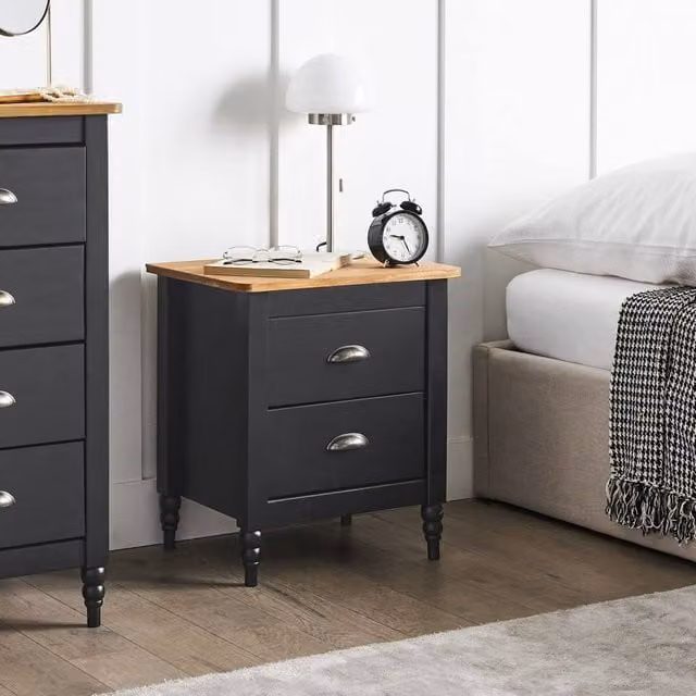 Wyld and Coco Retro Pine Bedside Table with 2 Drawers in Vintage Black – 1