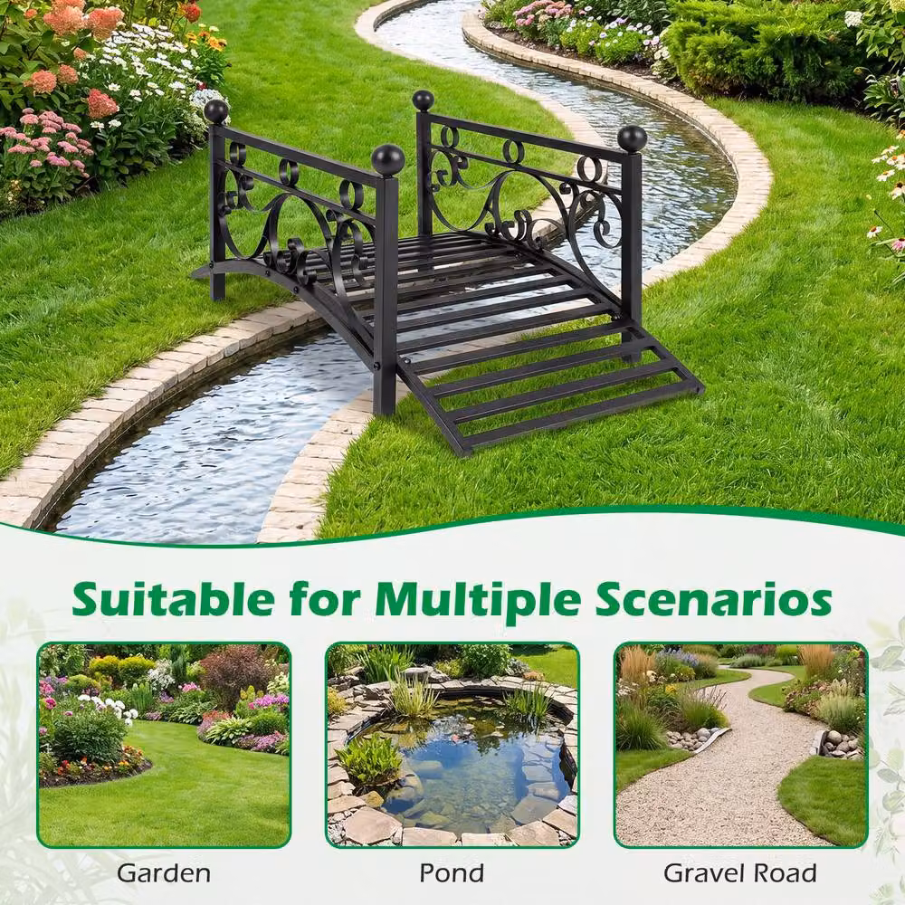 Gymax Arched Garden Bridge with Dual Patterned Metal Side Rails in Black, 101.5 cm – 3