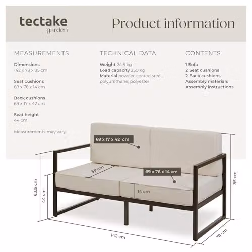tectake 2 Seater Garden Sofa in Beige with Powder Coated Steel Frame and Upholstered Foam Cushions – 2