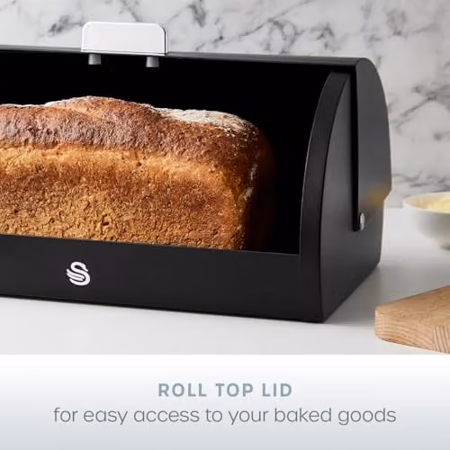 Swan Serenity Bread Bin with Roll Front Lid and Ventilation, 14 Litre, Black – 6
