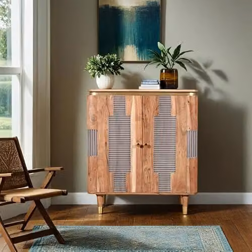 Indian Hub Geometric Acacia Wood Sideboard in Brown, W80 x D40 x H95 cm – 2