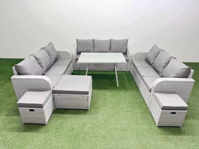 Fimous 12 Seat Outdoor PE Rattan Garden Furniture Set with 3 Stools in Light Grey