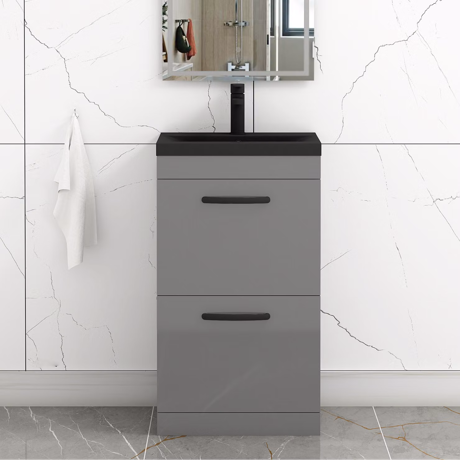 Royal Bathrooms Turin 500mm Floor Standing 2 Drawer Vanity Unit in Indigo Grey Gloss with Black Basin and Handles