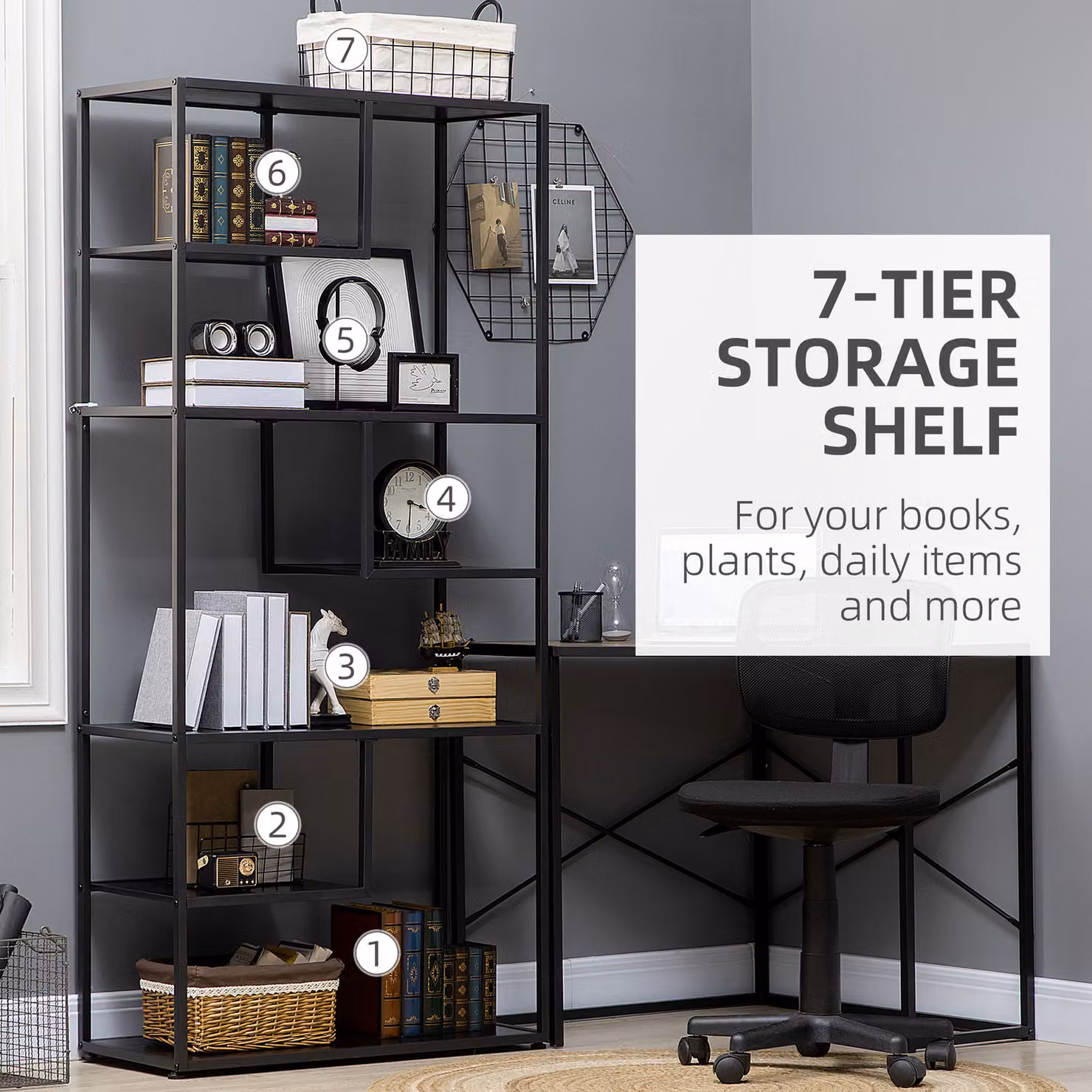 HOMCOM Industrial 7 Tier Accent Display Rack and Bookcase in Black – 5